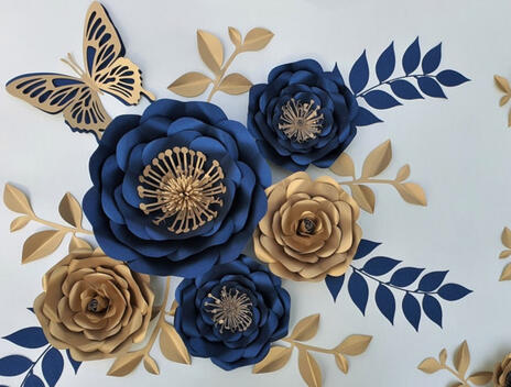 Sophisticated paper art collection, including a 24cm centerpiece rose, smaller blooms, and metallic gold leaves, all handcrafted from pearl cardstock for a luxurious 3D wall accent